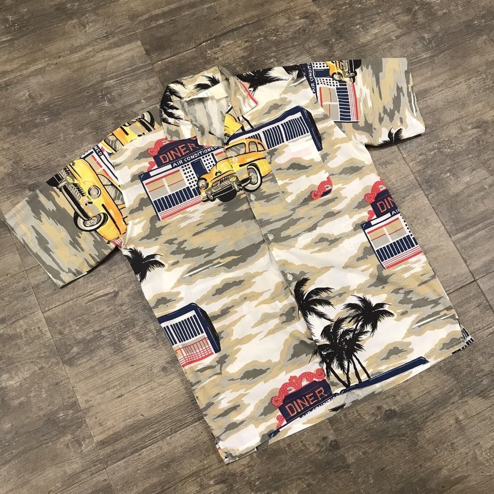 VINTAGE Repage‎ Cuban Hawaiian Shirt NO SIZE TAG (M-L) Diner Cars Short Sleeve